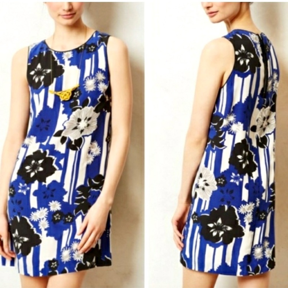 Anthropologie Maeve Canna Shift Dress Women’s Size 12 100% Silk Retro Floral